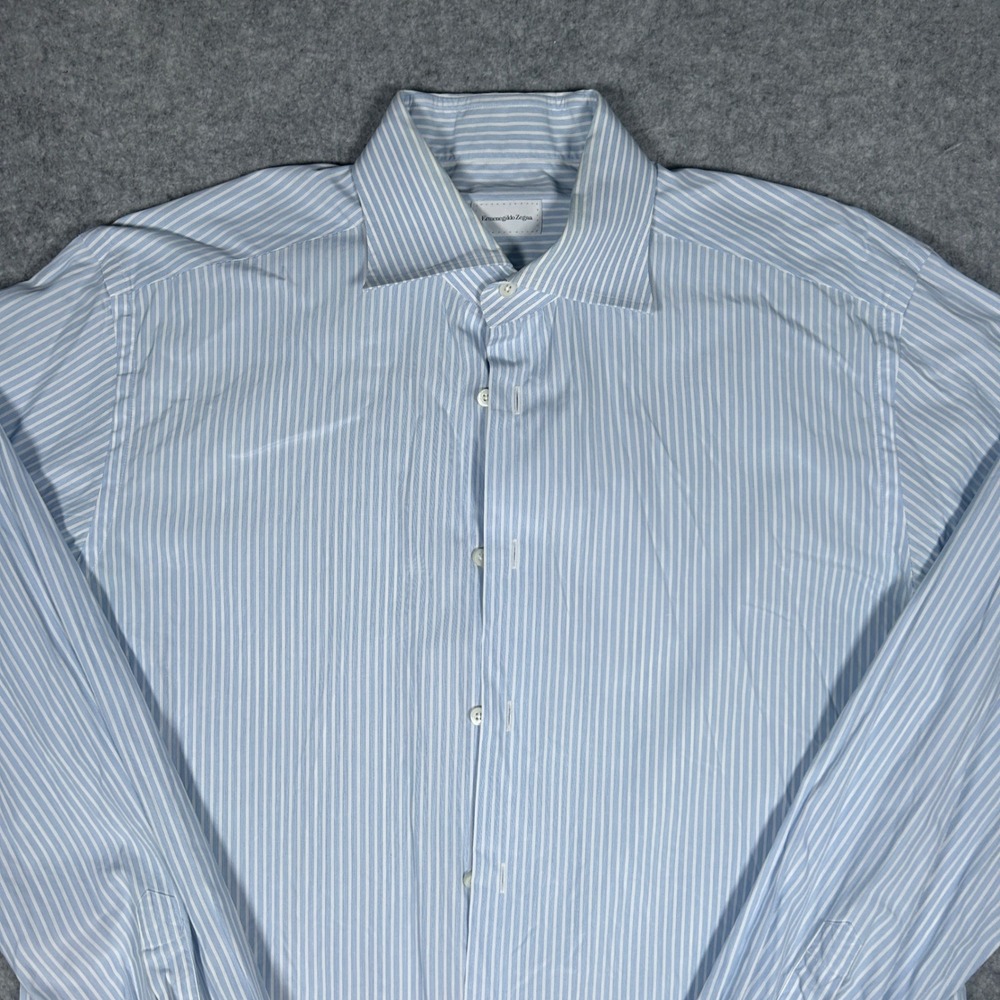 Ermenegildo Zegna Dress Shirt Men 16 Large Blue White Striped Luxury button down - Picture 2 of 16